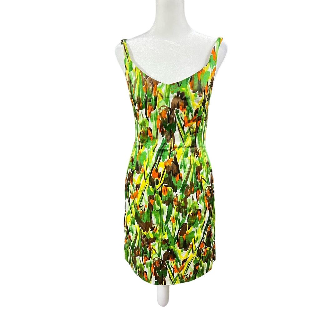 Milly NY Green Abstract Floral Print Cotton Fitted Dress‎ Sz 2 Cruise Engagement